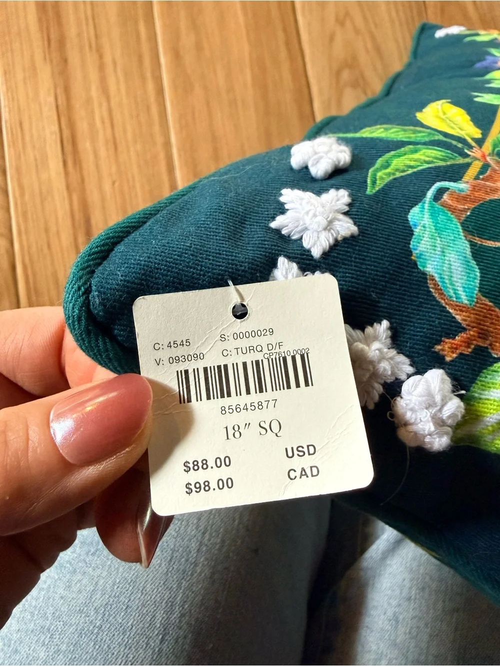 Anthropologie Teal Embroidered Bird & Fruit Pillow